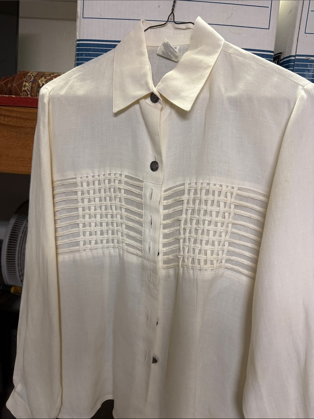 Women's Cream Button-Front Shirt with Woven Chest Detail